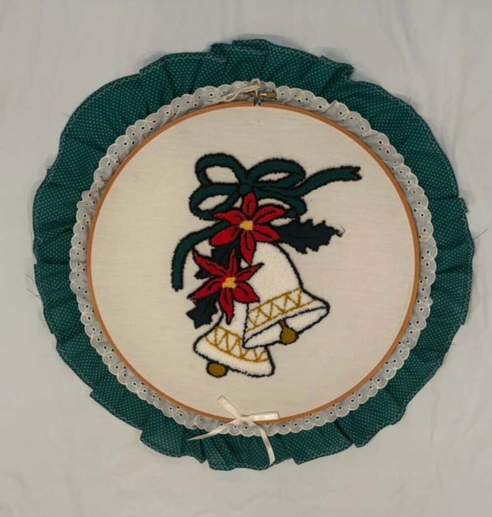 Christmas Poinsettias And Bells Punch Needle Embroidered Hoop Picture 17” Dia